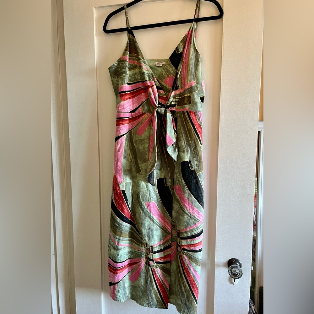 Jason Wu Green and Pink Midi Dress Size 8. Cotton Wrap Style lined